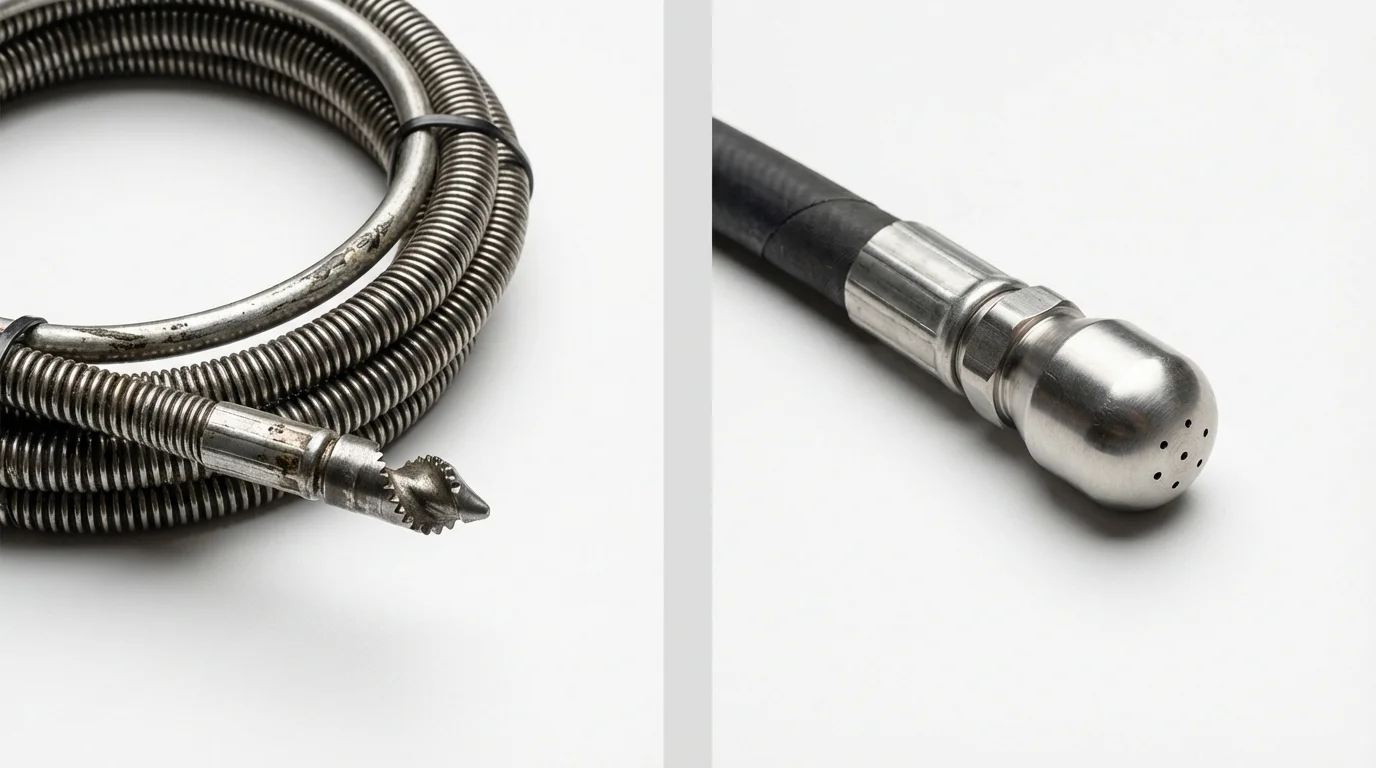 Drain snake cable and hydro jetting nozzle used for drain cleaning in Huntsville, TN