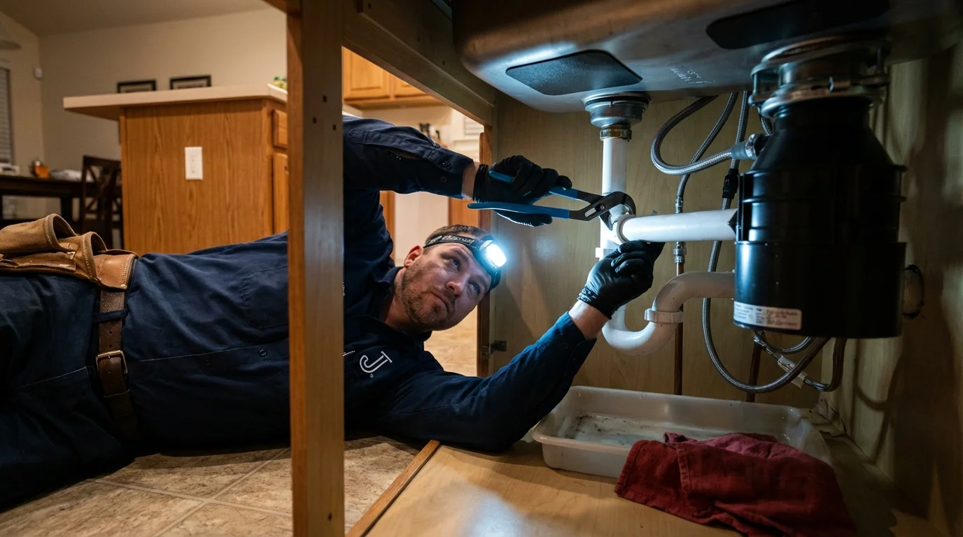 P-trap and supply line connections under a kitchen sink showing a common leak point in Huntsville, TN